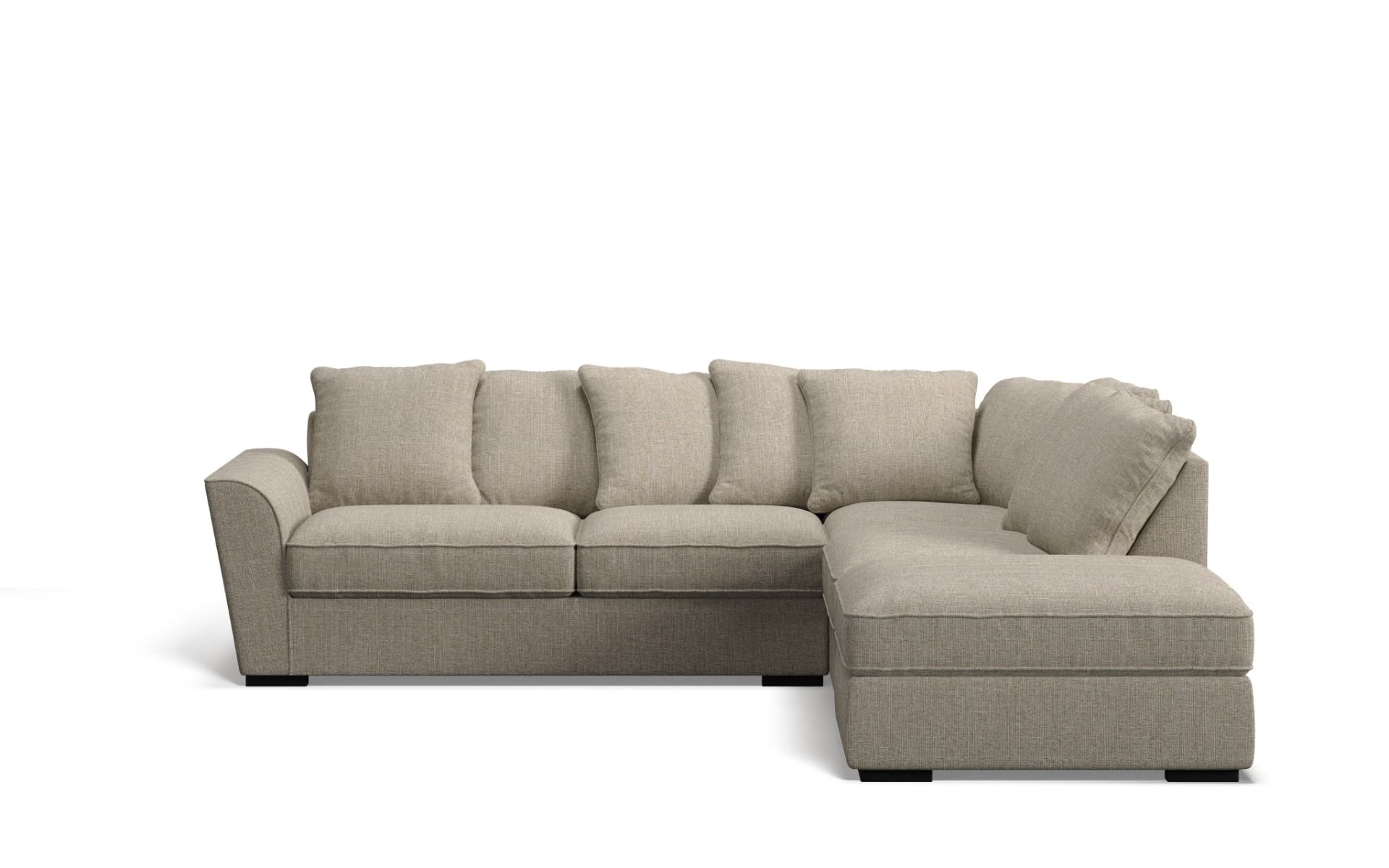 Edinburgh 6 seat corner modular with right arm facing ottoman & scatter back cushions in hopsack warm greige