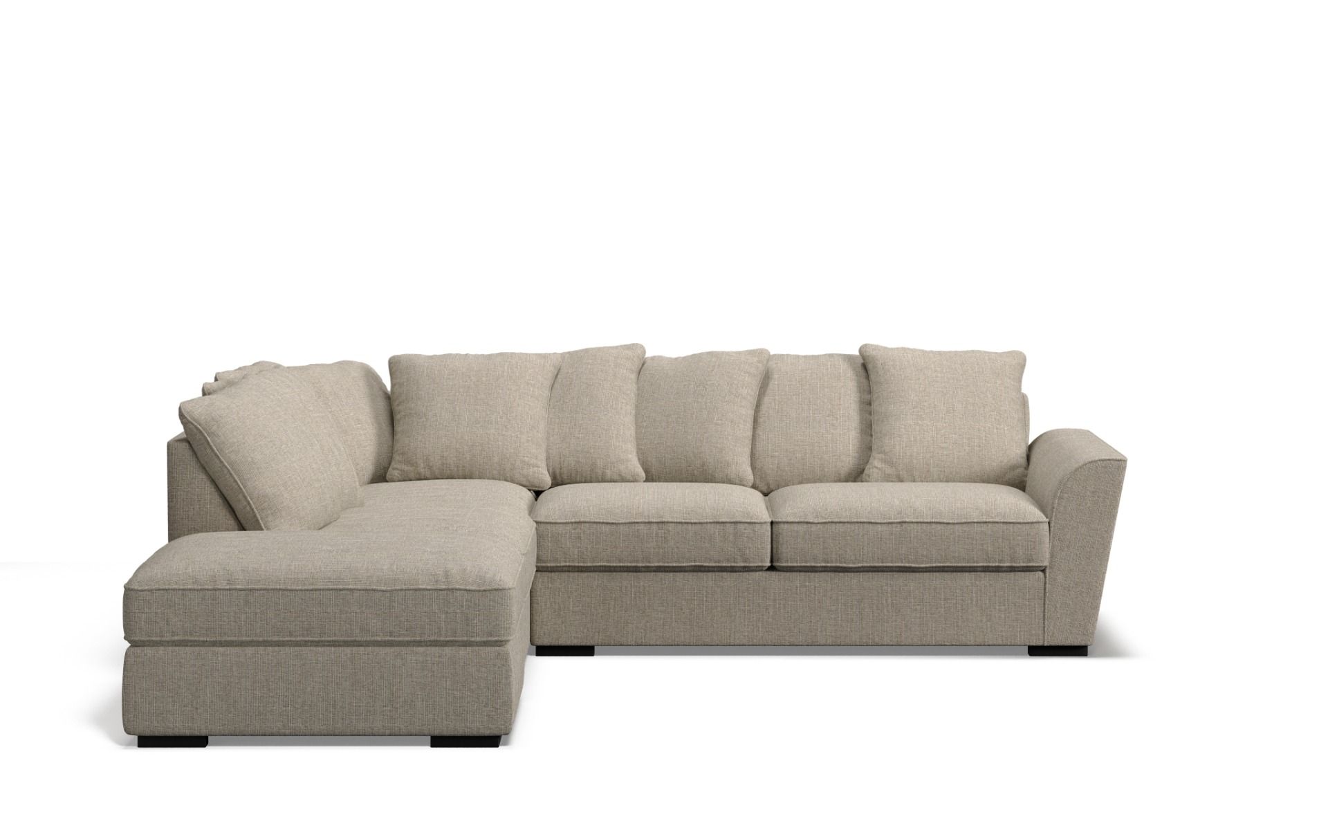 Edinburgh 6 seat corner modular with left arm facing ottoman & scatter back cushions in hopsack warm greige