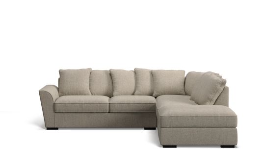 Edinburgh 6 seat corner modular with right arm facing ottoman & scatter back cushions in hopsack warm greige