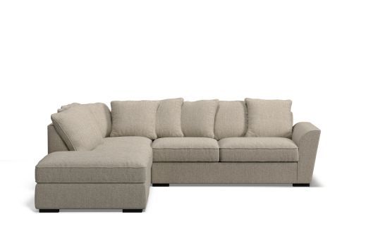 Edinburgh 6 seat corner modular with left arm facing ottoman & scatter back cushions in hopsack warm greige