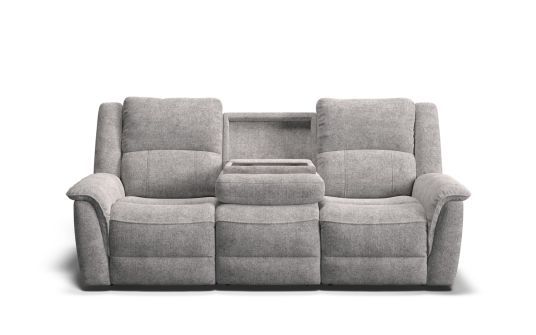 Oxford 3 seat dual electric recliners with drop down table in serra fabric silver grey | Nick Scali
